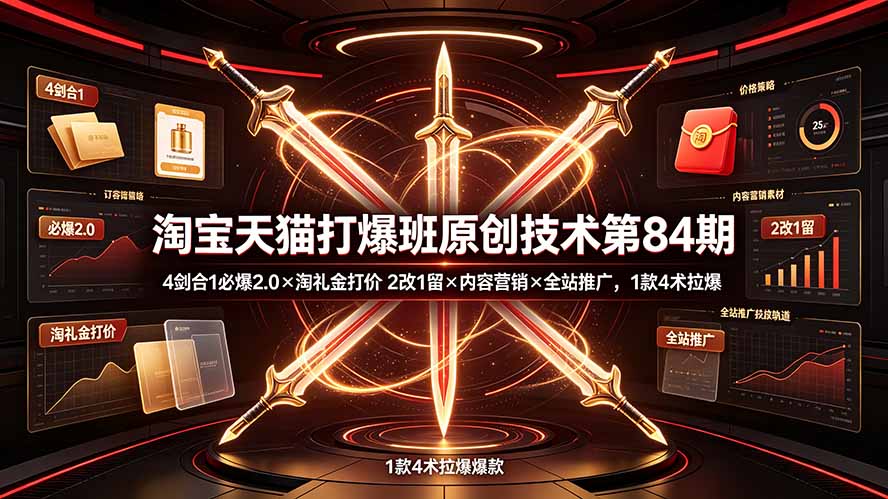 淘宝天猫打爆班原创技术第84期:4剑合1必爆2.0×淘礼金打价×2改1留×内容营销×全站推广,1款4术拉爆-91副业网
