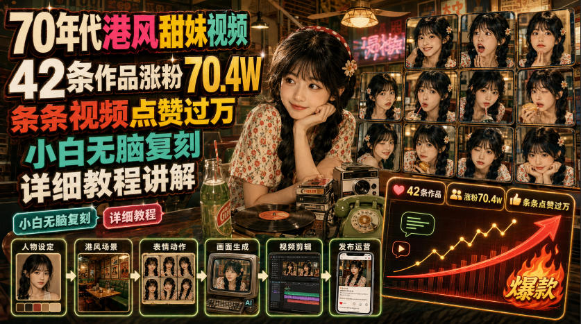 70年代港风甜妹视频,42条作品涨粉70.4W,条条视频点赞过万,小白无脑复刻,详细教程讲解-91副业网