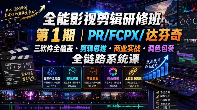 全能影视剪辑研修班第1期|PR/FCPX/达芬奇三软件全覆盖・剪辑思维・商业实战・调色包装全链路系统课-91副业网