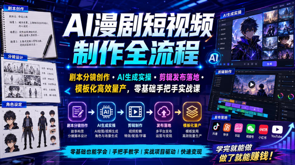 AI漫剧短视频制作全流程|剧本分镜创作・AI生成实操・剪辑发布落地・模板化高效量产,零基础手把手实战课-91副业网