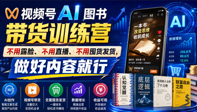 视频号AI图书带货训练营,不用露脸、不用直播、不用囤货发货,做好内容就行,一条爆款视频佣金8942-91副业网