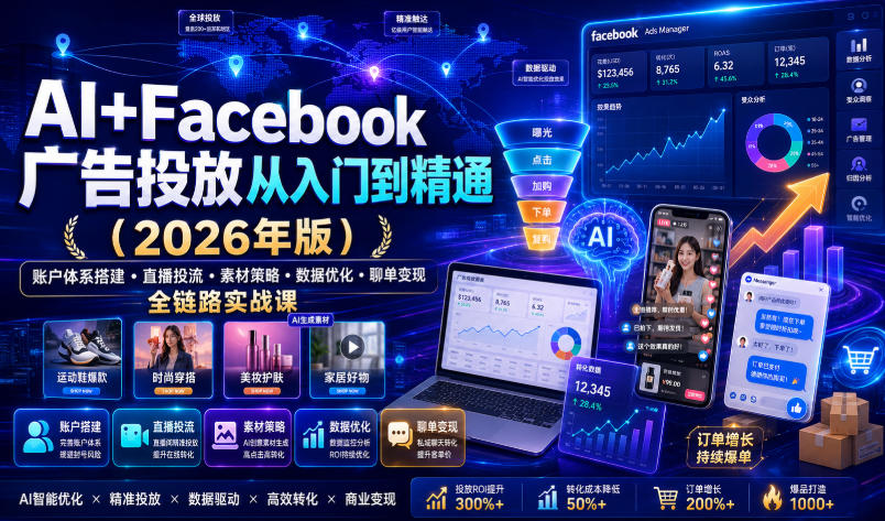 AI+Facebook广告投放从入门到精通(2026年版)|账户体系搭建・直播投流・素材策略・数据优化・聊单变现全链路实战课-91副业网