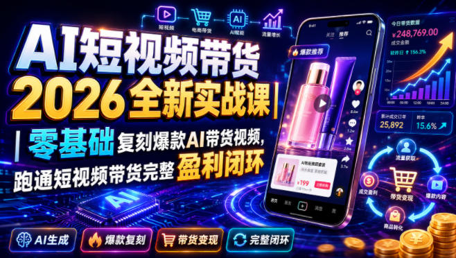 AI短视频带货2026全新实战课|零基础复刻爆款AI带货视频,跑通短视频带货完整盈利闭环-91副业网