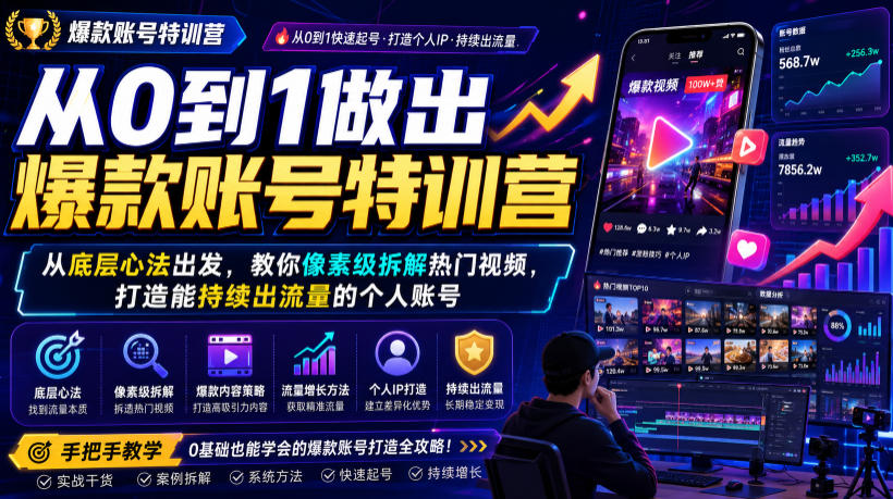 从0到1做出爆款账号特训营,从底层心法出发,教你像素级拆解热门视频,打造能持续出流量的个人账号-91副业网