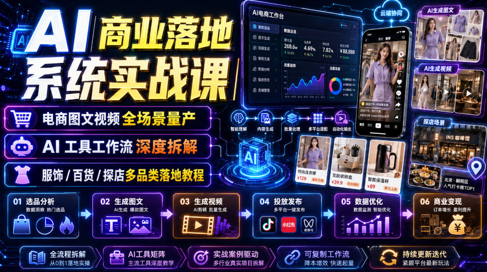AI商业落地系统实战课｜电商图文视频全场景量产・AI工具工作流深度拆解・服饰/百货/探店多品类落地教程-91副业网