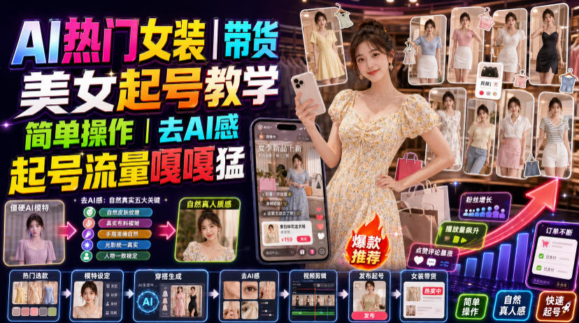 AI热门女装带货丨美女起号教学，简单操作，去AI感，起号流量嘎嘎猛-91副业网
