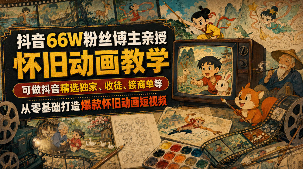 抖音66W粉丝博主亲授怀旧动画教学，可做抖音精选独家、收徒、接商单等，从零基础打造爆款怀旧动画短视频-91副业网
