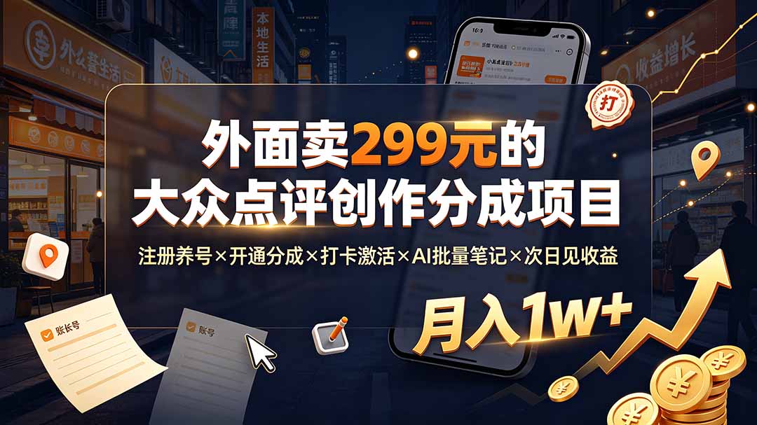 外面卖299元的大众点评创作分成项目：注册养号×开通分成×打卡激活×AI批量笔记×次日见收益，月入1w+-91副业网
