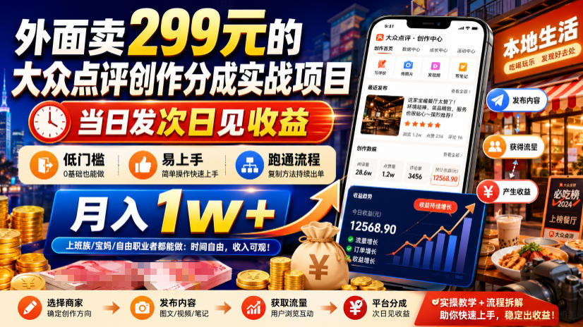 外面卖299元的大众点评创作分成实战项目，当日发次日见收益，低门槛易上手，跑通流程月入1w+-91副业网