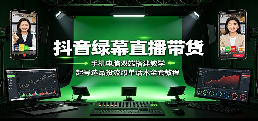 抖音绿幕直播带货:手机电脑双端搭建教学,起号选品投流爆单话术全套教程-91副业网