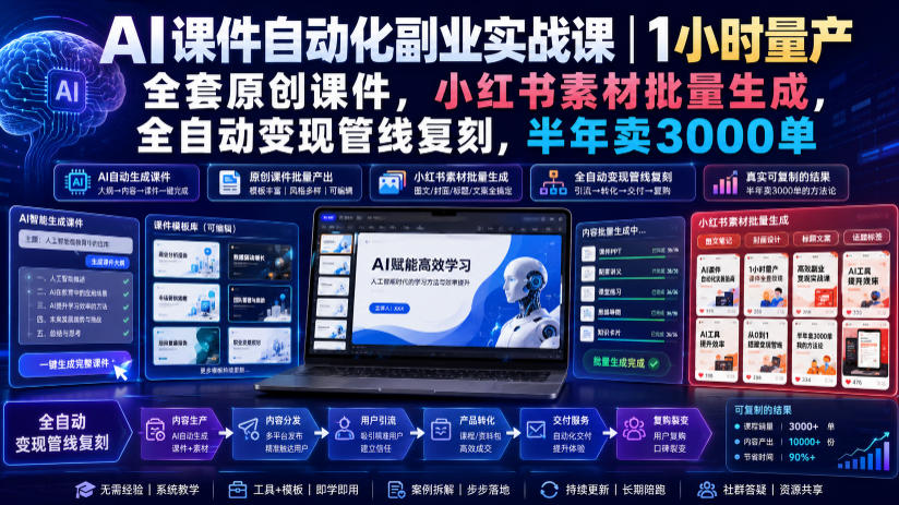 AI课件自动化副业实战课｜1小时量产全套原创课件，小红书素材批量生成，全自动变现管线复刻，半年卖3000单-91副业网