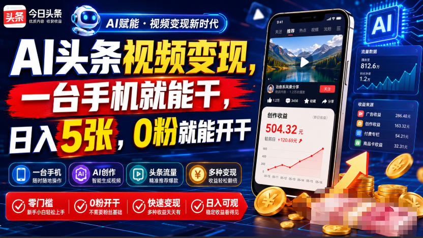 AI头条视频变现，一台手机就能干，日入5张，0粉就能开干-91副业网