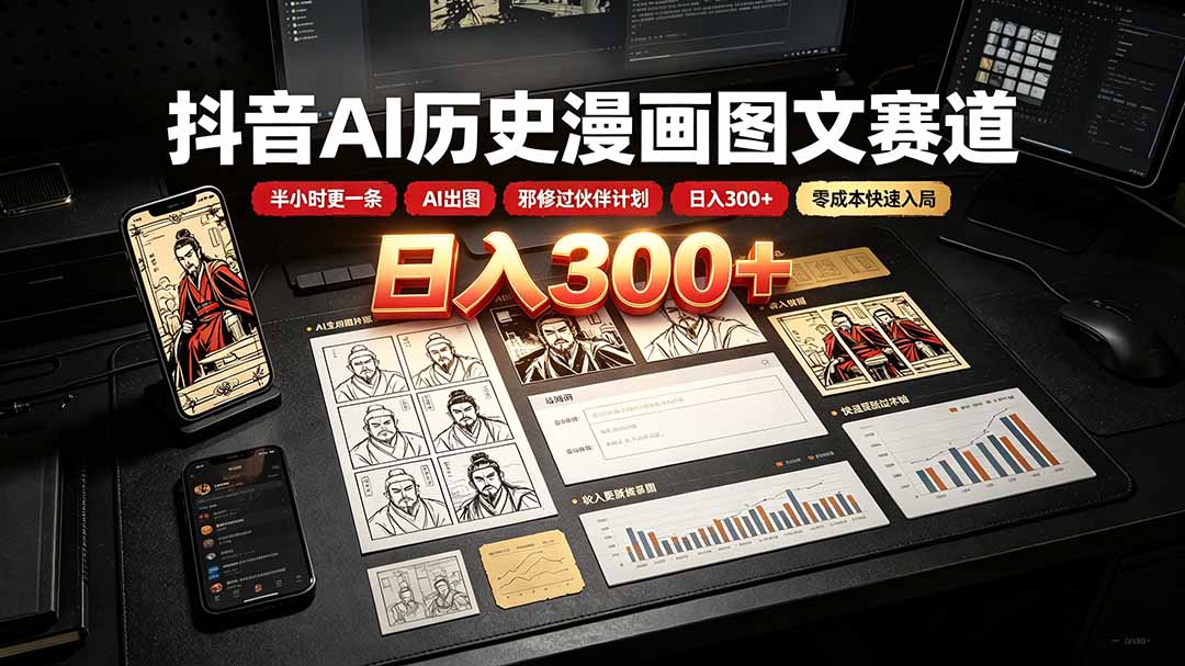 抖音AI历史漫画图文赛道：半小时更一条×AI出图×邪修过伙伴计划×日入300+，零成本快速入局-91副业网