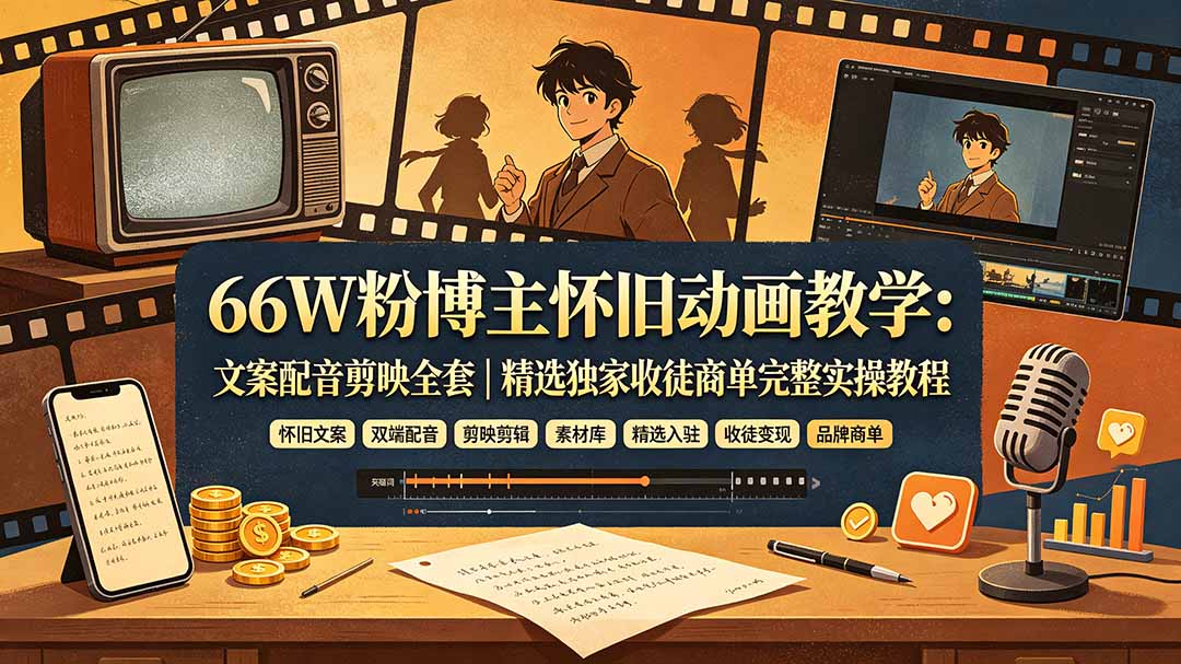 66W粉博主怀旧动画教学：文案配音剪映全套｜精选独家收徒商单完整实操教程-91副业网