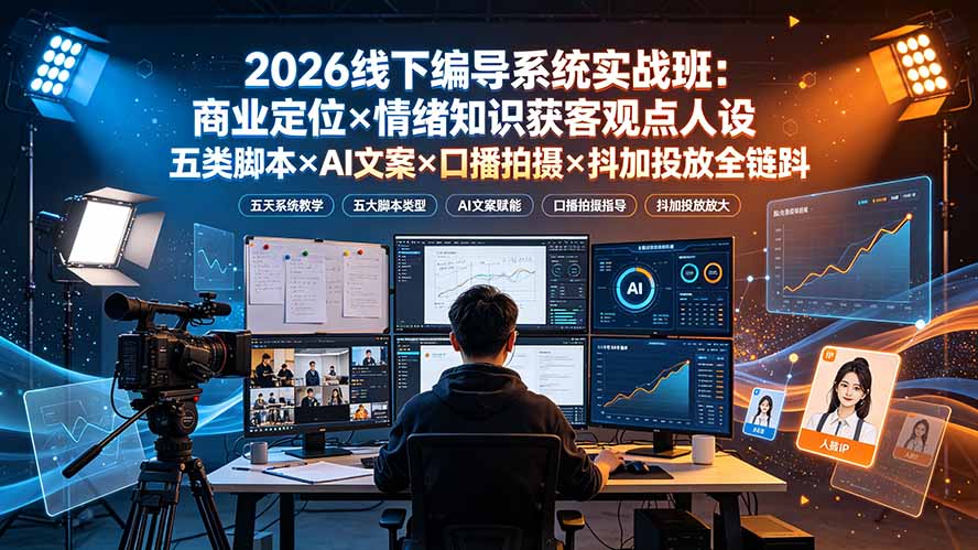 2026线下编导系统实战班：商业定位×情绪知识获客观点人设五类脚本×AI文案×口播拍摄×抖加投放全链路-91副业网