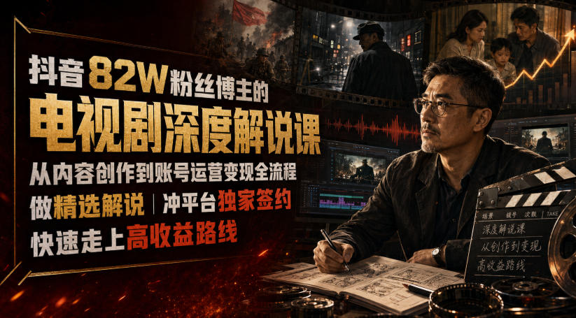 抖音82W粉丝博主的电视剧深度解说课，从内容创作到账号运营变现全流程，做精选解说，冲平台独家签约，快速走上高收益路线-91副业网