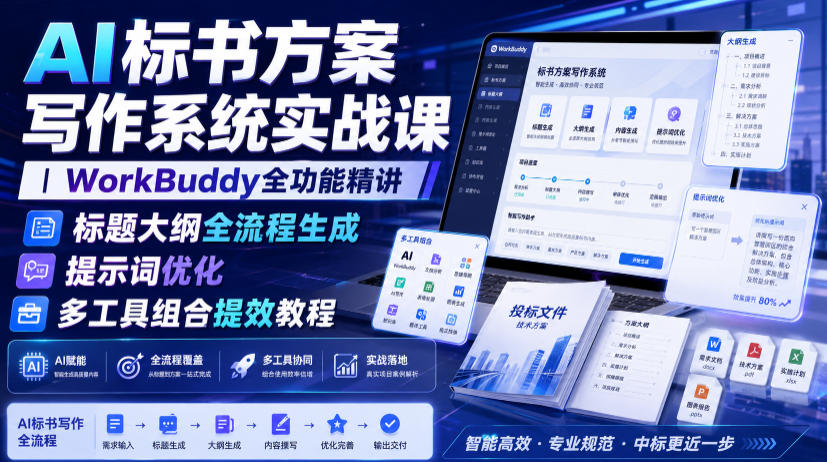 AI标书方案写作系统实战课｜WorkBuddy全功能精讲・标题大纲全流程生成・提示词优化・多工具组合提效教程-91副业网