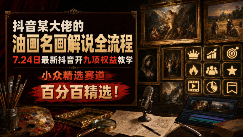 抖音某大佬的油画名画解说全流程，7.24日最新抖音开九项权益教学，小众精选赛道，百分百精选！-91副业网