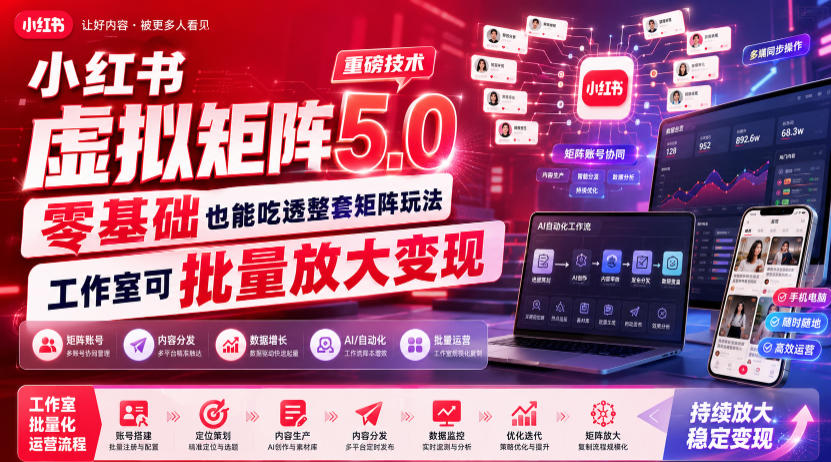 小红书虚拟矩阵5.0重磅技术，零基础也能吃透整套矩阵玩法，工作室可批量放大变现-91副业网