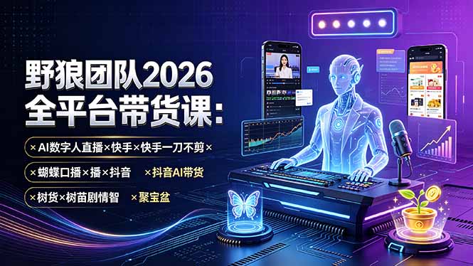 野狼团队2026全平台带货课-7月：AI数字人直播×快手一刀不剪×蝴蝶口播×抖音AI带货×树苗剧情智剪×聚宝盆-91副业网