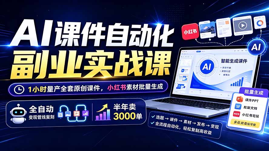 AI课件自动化副业实战课：1小时量产全套原创课件×小红书素材批量生成×全自动变现管线×半年卖3000单-91副业网