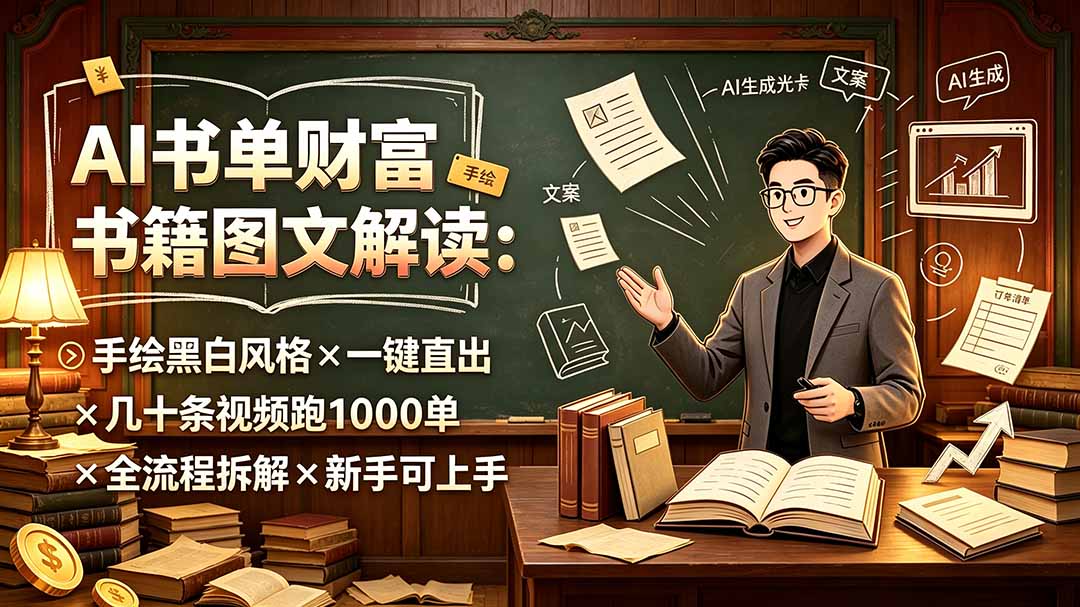AI书单财富书籍图文解读：手绘黑白风格×一键直出×几十条视频跑1000单×全流程拆解×新手可上手-91副业网