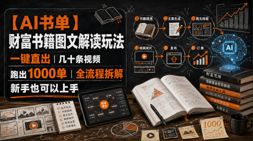 【AI书单】财富书籍图文解读玩法，一键直出，几十条视频，跑出1000单，全流程拆解，新手也可以上手-91副业网