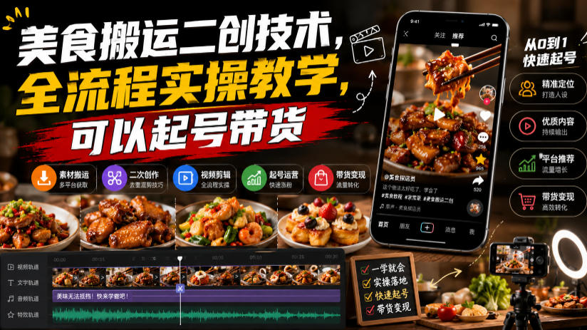 美食搬运二创技术,全流程实操教学,可以起号带货-91副业网