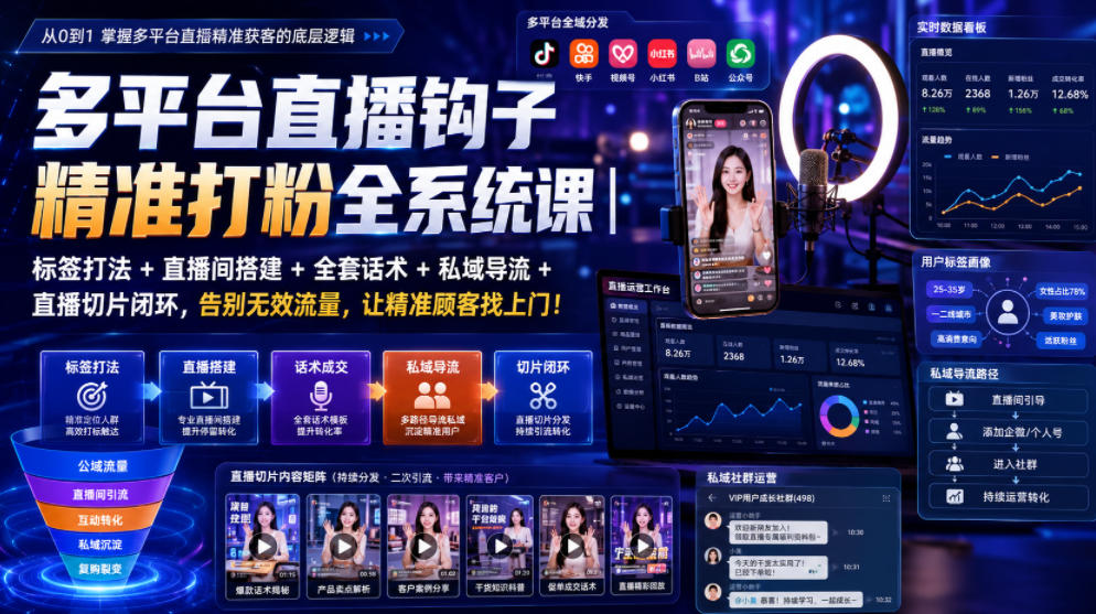 多平台直播钩子精准打粉全系统课｜标签打法+直播间搭建+全套话术+私域导流+直播切片闭环，告别无效流量，让精准顾客找上门！-91副业网