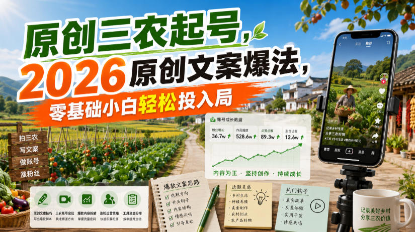 原创三农起号,2026原创文案爆法,零基础小白轻松投入局-91副业网