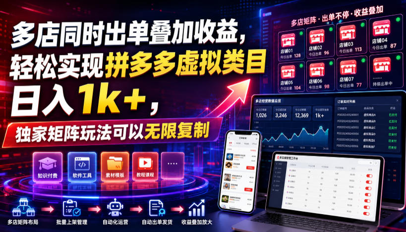 多店同时出单叠加收益，轻松实现拼多多虚拟类目日入1k+，独家矩阵玩法可以无限复制【揭秘】-91副业网