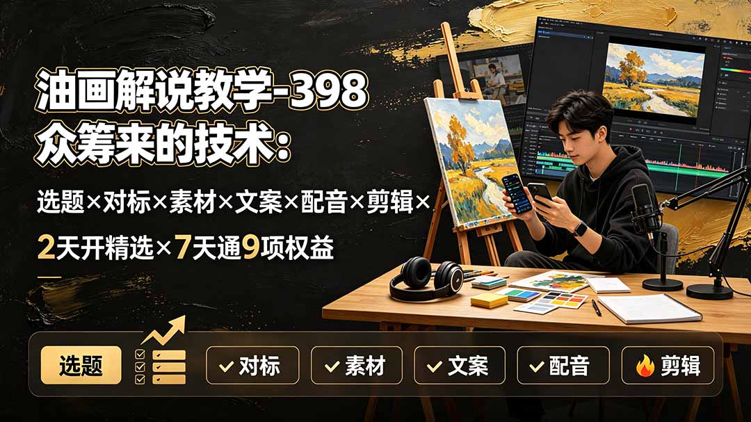 油画解说教学-398众筹来的技术：选题×对标×素材×文案×配音×剪辑×2天开精选×7天通9项权益-91副业网
