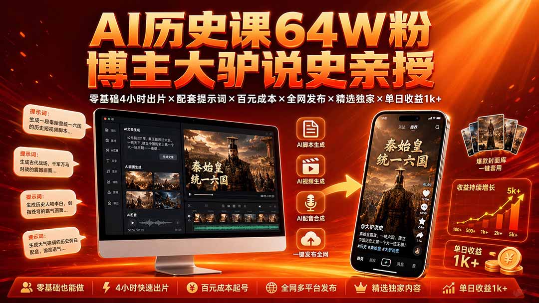 AI历史课64W粉博主大驴说史亲授：零基础4小时出片×配套提示词×百元成本×全网发布×精选独家×单日收益1k+-91副业网