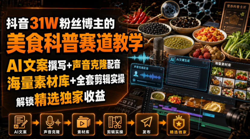 抖音31W粉丝博主的美食科普赛道教学，AI文案撰写+声音克隆配音+剪辑实操，解锁精选独家收益-91副业网