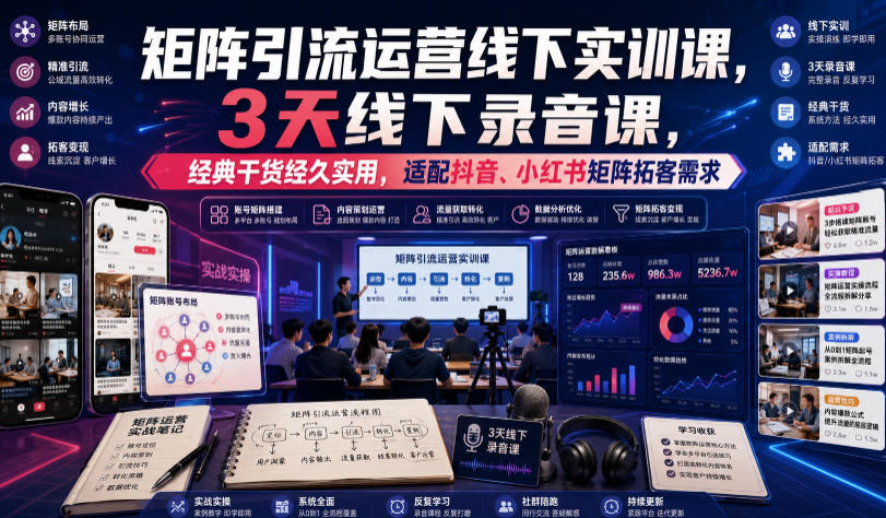 嗨推矩阵引流运营线下实训课，3天线下录音课，经典干货经久实用，适配抖音、小红书矩阵拓客需求-91副业网