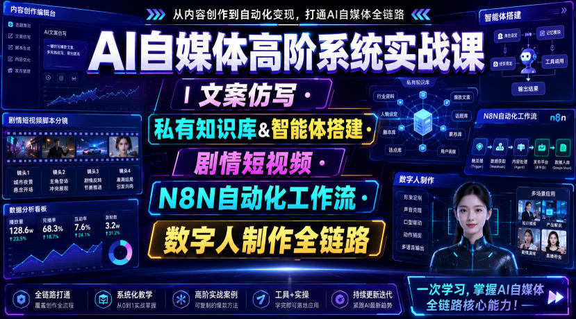 AI自媒体高阶系统实战课｜文案仿写・私有知识库&智能体搭建・剧情短视频・N8N自动化工作流・数字人制作全链路-91副业网