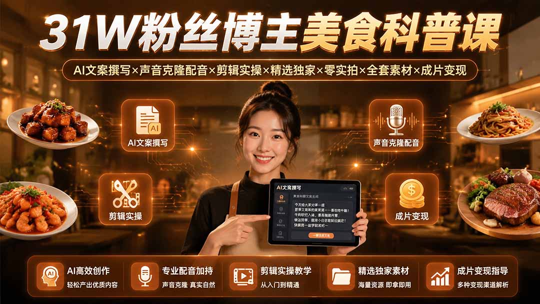 31W粉丝博主美食科普课：AI文案撰写×声音克隆配音×剪辑实操×精选独家×零实拍×全套素材×成片变现-91副业网