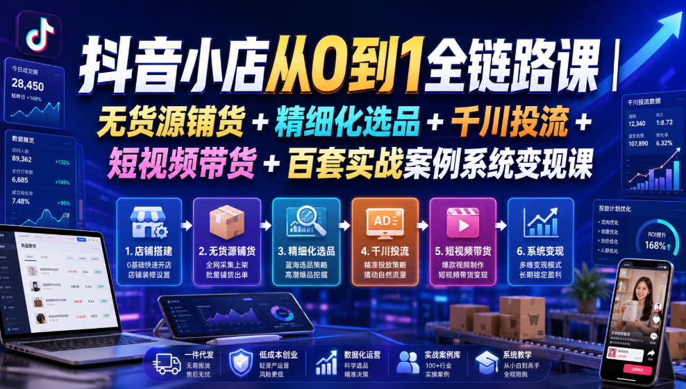 抖音小店从0到1全链路课｜无货源铺货+精细化选品+千川投流+短视频带货+百套实战案例系统变现课(2026年7月更新)-91副业网