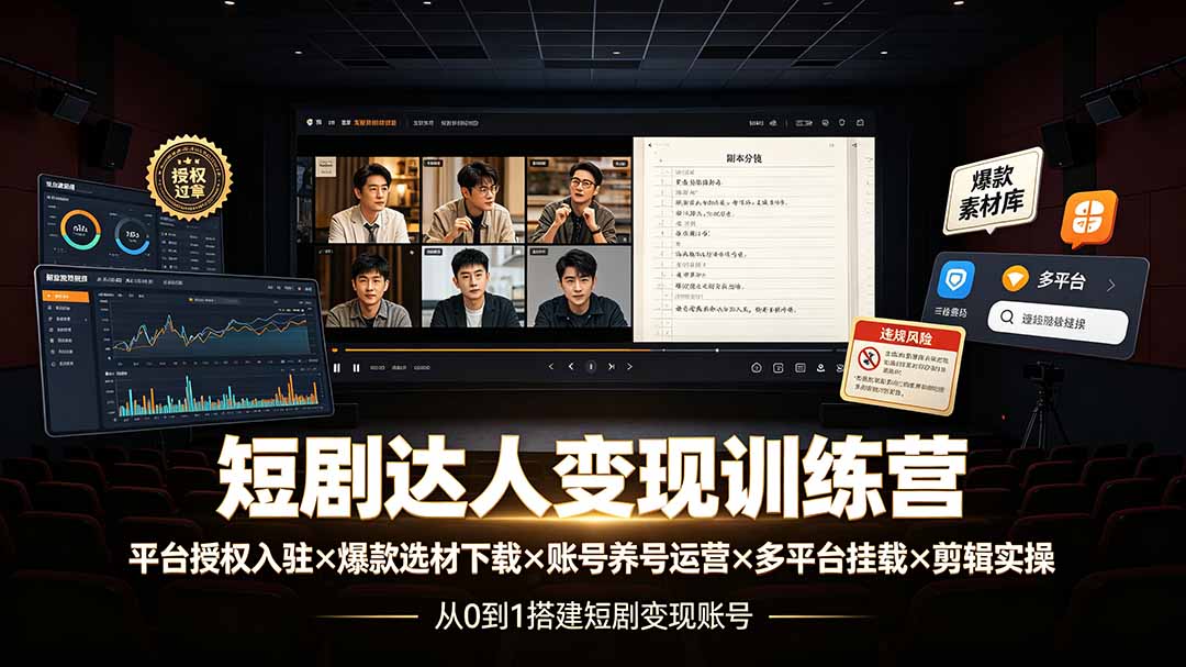 短剧达人变现训练营：平台授权入驻×爆款选材下载×账号养号运营×多平台挂载×剪辑实操×违规处理全流程-91副业网
