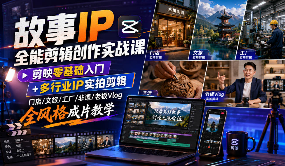 故事IP全能剪辑创作实战课｜剪映零基础入门+多行业IP实拍剪辑，门店/文旅/工厂/非遗/老板Vlog全风格成片教学-91副业网
