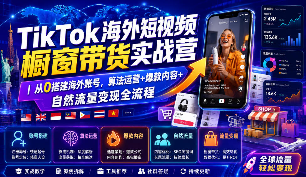 TikTok海外短视频橱窗带货实战营｜从0搭建海外账号，算法运营+爆款内容+自然流量变现全流程-91副业网