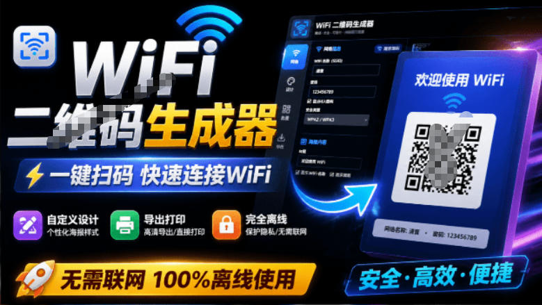 完全离线使用!WiFi二维码生成器,一键扫码快速连接WiFi,支持自定义风格导出WiFi二维码生成器-91副业网