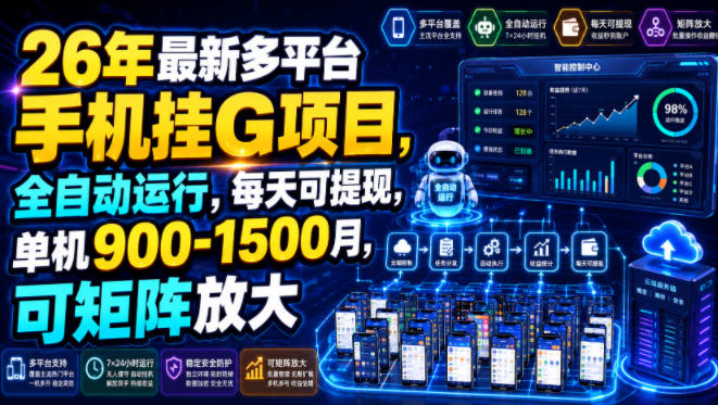 26年最新多平台手机挂G项目，全自动运行，每天可提现，单机900-1500月，可矩阵放大【揭秘】-91副业网