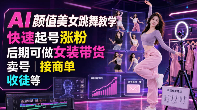 AI颜值美女跳舞教学，快速起号涨粉，后期可做女装带货，卖号，接商单，收徒等-91副业网