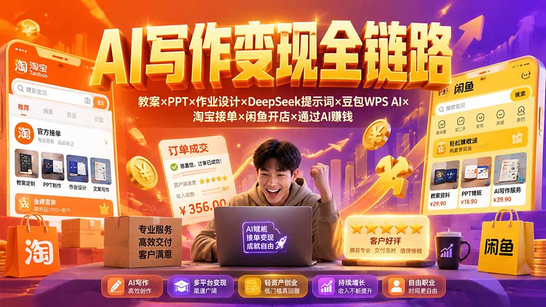 2026AI写作变现全链路：教案×PPT×作业设计×DeepSeek提示词×豆包WPS AI×淘宝接单×闲鱼开店×通过AI賺钱-91副业网
