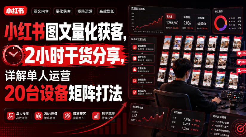 小红书图文量化获客，2小时干货分享，详解单人运营20台设备矩阵打法-91副业网