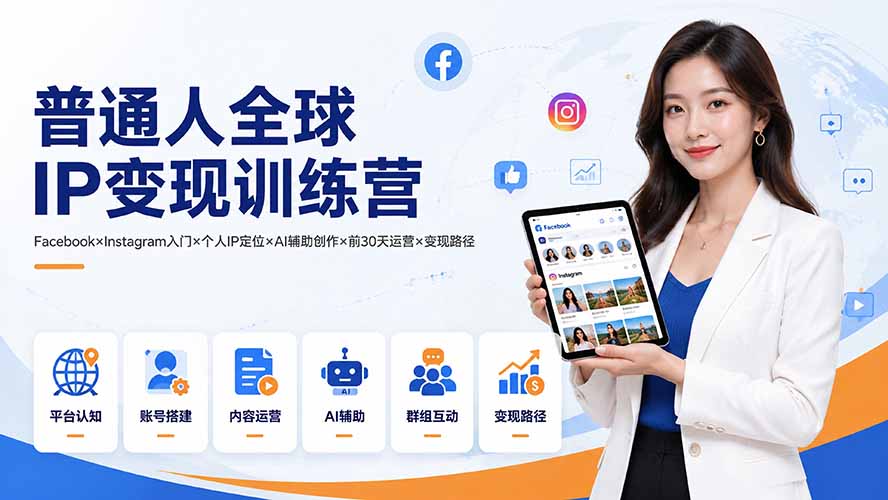 普通人全球IP变现训练营：Facebook×Instagram入门×个人IP定位×AI辅助创作×前30天运营×变现路径-91副业网