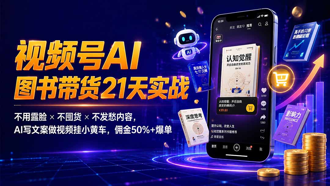 繁花视频号AI图书带货21天实战：不用露脸×不囤货×不发愁内容，AI写文案做视频挂小黄车，佣金50%+爆单-91副业网