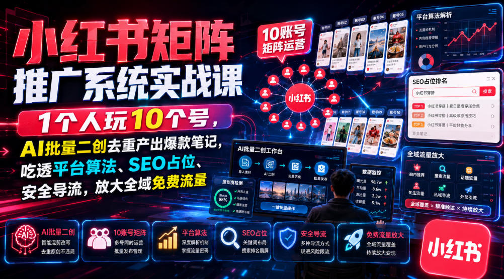 小红书矩阵推广系统实战课|1个人玩10个号,AI批量二创去重产出爆款笔记,吃透平台算法、SEO占位、安全导流,放大全域免费流量-91副业网