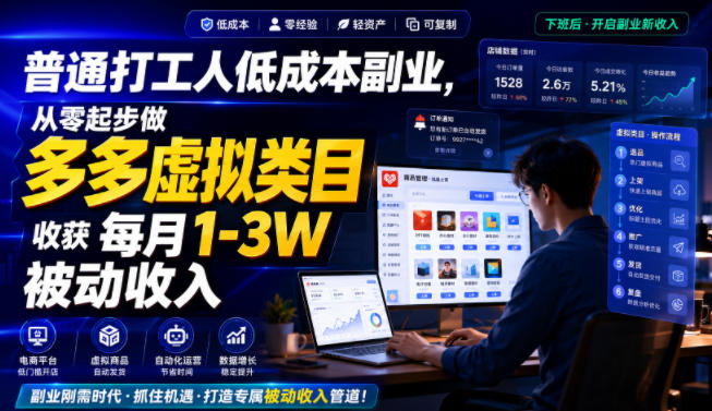 普通打工人低成本副业，从零起步做多多虚拟类目，收获每月1-3W被动收入【揭秘】-91副业网